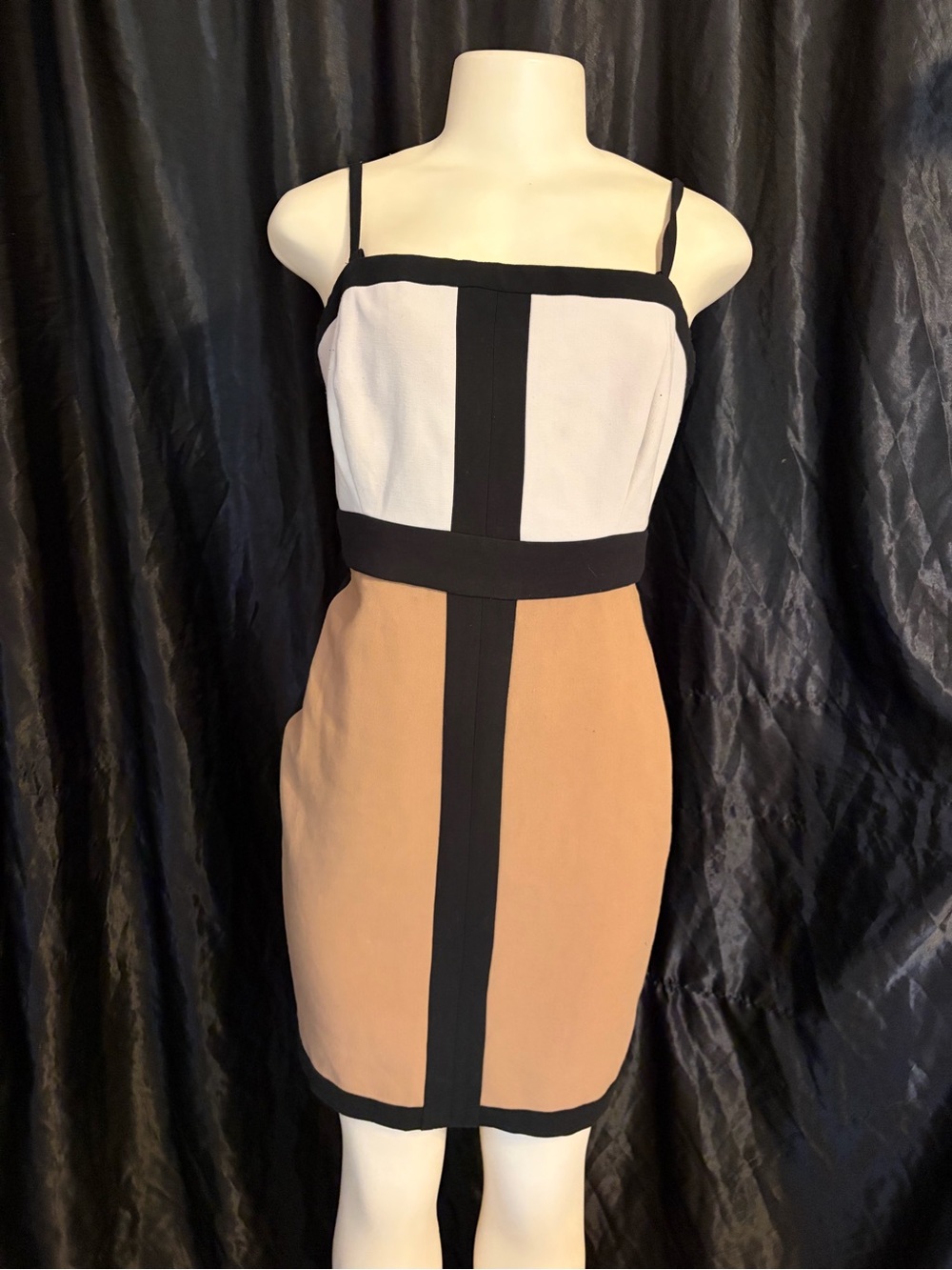 New York & Company White, Tan and Black Colorblock Spaghetti Strap Sheath Dress
